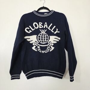 Vintage Globally Wrangler Knit Crewneck Sweater Mens L Navy Tennis Preppy 80s